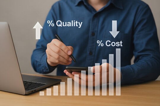 A man in a blue shirt uses a stylus on a smartphone, analyzing a bar graph showing increasing quality and decreasing costs.