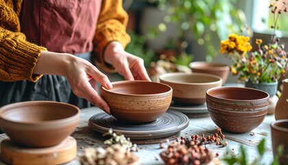 Woman crafting pottery bowls