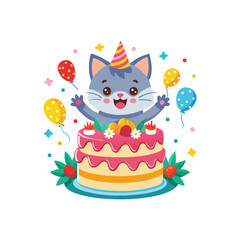 Cute birthday cat popping out of colorful cake illustration, festive party celebration, adorable pet with birthday hat, white background, fun and cheerful vector art