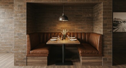 Cozy Booth with Ambiance: A warm, inviting booth at restaurant, framed by brick walls and featuring a tasteful table setting, creating a perfect setting for dining and conversation.