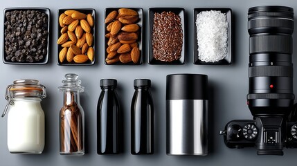 Flat lay of kitchen food ingredients including nuts spices sugar and containers beside camera for recipe development