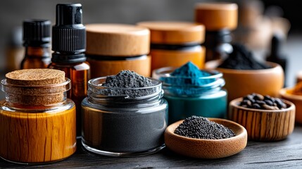 Spa products and black bath salts arranged in wooden tray for wellness beauty relaxation and self care concept