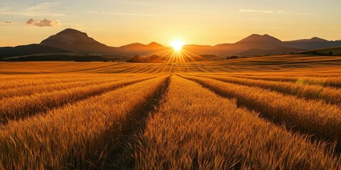 Soft orange sunset casting long shadows across a golden wheat field and distant peaks