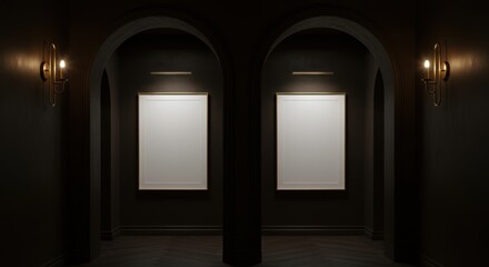 Art Gallery Display: A minimalist interior perspective showcases an art gallery's serene ambiance, emphasizing blank canvases illuminated by soft lighting and elegant architectural details.