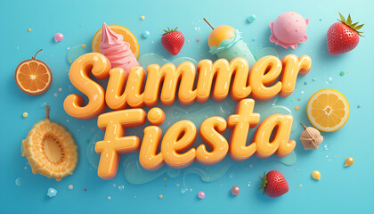 “Colorful Summer Fiesta Poster Featuring Ice Cream Cones, Fruits, and Bubbly Text on Blue Background”