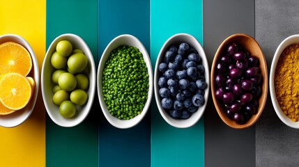 Colorful bowls of fruits and legumes for vibrant health food concept vegan lifestyle and nutrition photography inspiration