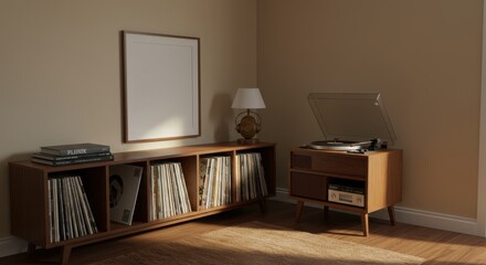Vintage Vinyl Corner: A warm, inviting scene featuring a wooden record cabinet, a retro record player, a lamp, and framed art, perfectly capturing the essence of music, memories, and home ambiance.