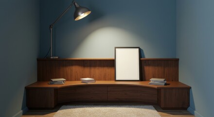 Minimalist Room: A stylish room with a simple desk, a framed blank artwork, and a modern lamp, bathed in subtle illumination, creates a space of minimalist elegance.