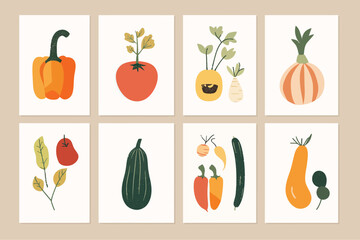 Eight vegetable still life displays offer vibrant colors and diverse botanical styles on separate white frames