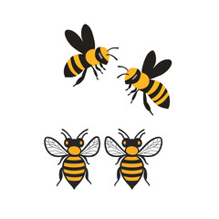 Two cartoon honeybees fly above two static bees on a transparent background