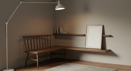 Interior Harmony: An artfully lit space, featuring a minimalist design with a wooden bench, floating shelves, and a framed print, evoking a sense of tranquility and understated elegance.