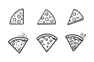 Several different black outline pizza slice drawings feature various toppings on a transparent background