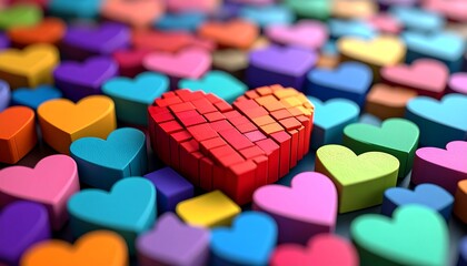 Colorful hearts, pixelated red heart