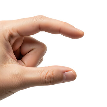 Hand gesture showing small size concept close up fingers pinching something invisible object measuring minimal on transparent background