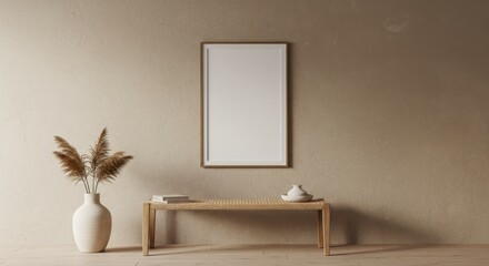 Blank Frame Elegance: Minimalist interior featuring a blank picture frame hanging above a sleek wooden bench adorned with vases and books, ready to showcase your artwork.