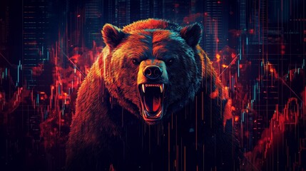 Growling bear with red stock market graph. Bear market strikes concept.