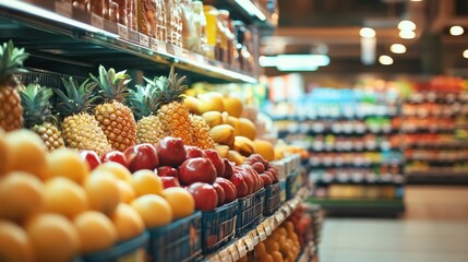 Grocery store produce aisle filled with fresh tropical fruits including pineapples and citrus for health concept photography