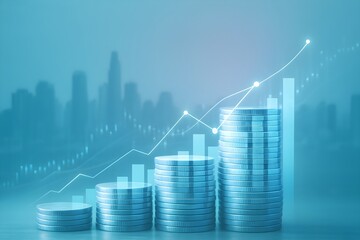 An image depicting increasing financial success with stacks of coins and upward trending graphs against a city backdrop.