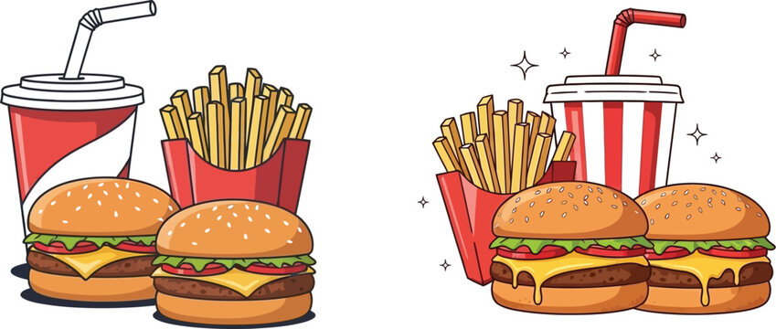 Two sets of cartoon fast food meals with burgers fries and drinks shown