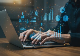 Hands typing on laptop displaying futuristic financial data analytics and charts