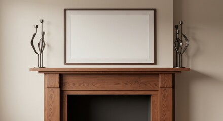 Blank Frame Above Fireplace: Blank frame hanging above wooden fireplace with a light wall in the background, accented by art sculpture, offers a cozy interior decor opportunity.