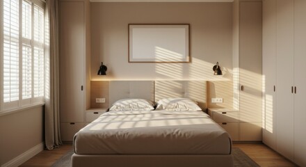 Sunlit Modern Bedroom: A serene and minimalist bedroom design features a comfortable bed, neutral color palette, built-in storage, and natural light streaming through window shutters.