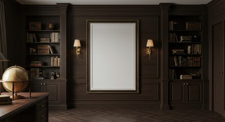 Dark Wood Study with Mockup: Elegant dark wood study interior featuring built-in bookshelves, a large framed mockup canvas, and antique desk with globe.