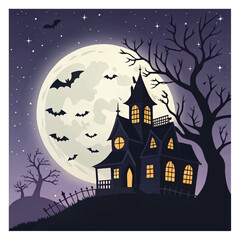 Halloween haunted house silhouette with bats under a spooky moonlit night sky vector illustration