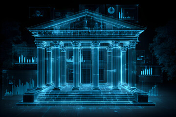 Futuristic financial institution building with digital charts representing economic data analysis
