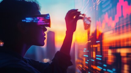 Young woman wearing vr headset interacting with digital data display at sunset