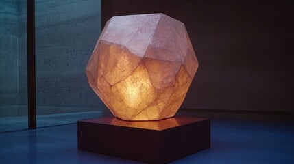 Dodecahedron light, paper art glowing softly on platform
