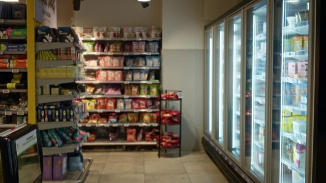 Blurred interior of a grocery store showcasing shelves of colorful packaged food and a row of refrigerators with bright lighting, creating a vibrant retail atmosphere.