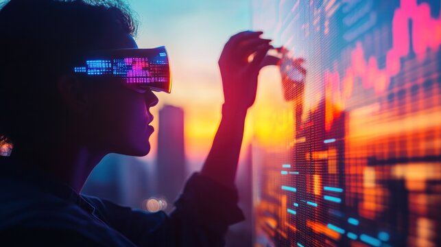 Young woman wearing vr headset interacting with digital data display at sunset