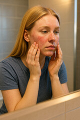 Young woman examining facial redness in bathroom mirror