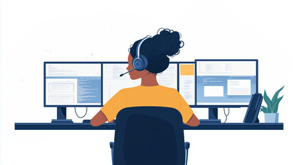 IT support worker with headsets and multiple computer screens, troubleshooting technical issues in a data center.