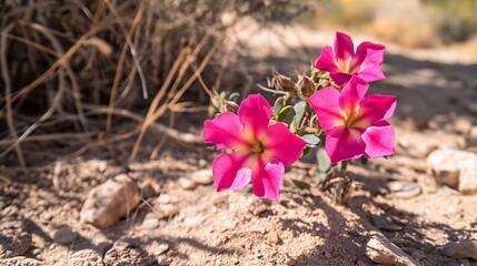 terrain Rose with vibrant pink blossoms in dry Desert