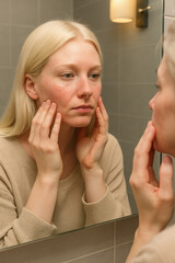 Woman examining skin redness on face in bathroom mirror