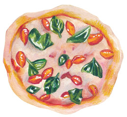 Whole Pizza Watercolor Illustration – Top View Artistic and colorful food clipart Classic pizza with toppings Perfect for use in menus, cookbooks, restaurant branding, posters, and food-related design