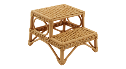 A beautifully crafted two-tiered rattan step stool designed for home use, set against a neutral background
