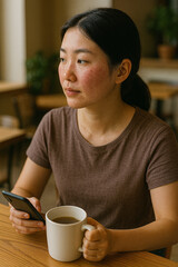 Young woman using smartphone and drinking tea in a cafe