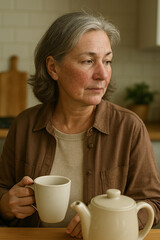 Senior woman drinking tea and looking away pensively in kitchen