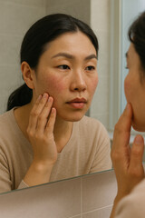 Young asian woman touching face examining skin checking allergy or acne in bathroom mirror