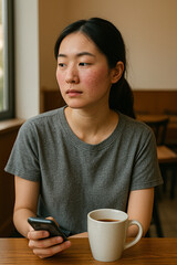 Young woman with rosacea holding smartphone and drinking coffee in cafe