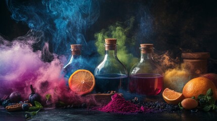 Colorful explosion of powder with potion bottles and citrus fruits in mystical alchemy themed artistic fantasy scene