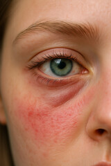 Woman showing symptoms of allergic reaction with red skin around eye
