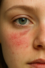 Woman showing symptoms of rosacea on her face