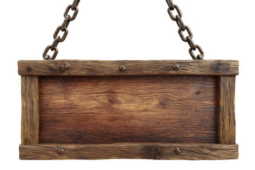 Rustic Brown Wooden Sign Hanging from Metal Chains Aged Weathered Texture Blank Surface Empty Space Old Style Vintage Design Element