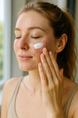 Young woman applying cream for skin treatment on face