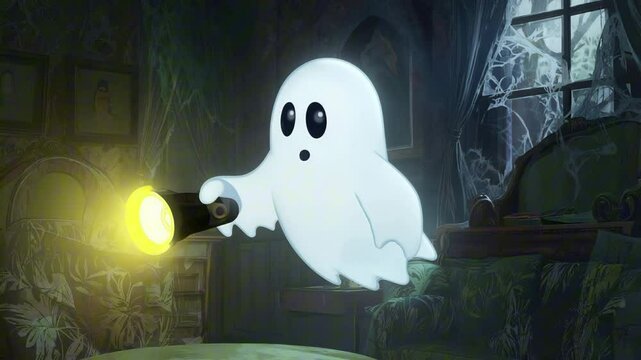 A ghost afraid of the dark, cartoon animation, glowing flashlight, comically tense moments, cozy haunted house setting