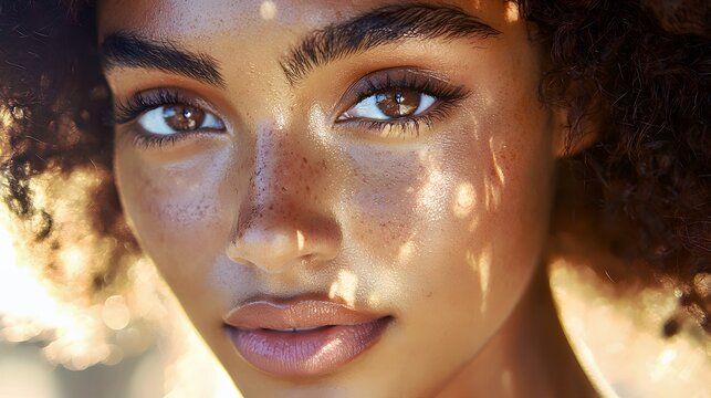 Close-up portrait of a young Black woman with curly hair and radiant skin.